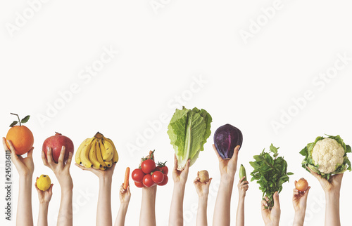 Hands holding different vegetables on isolated background