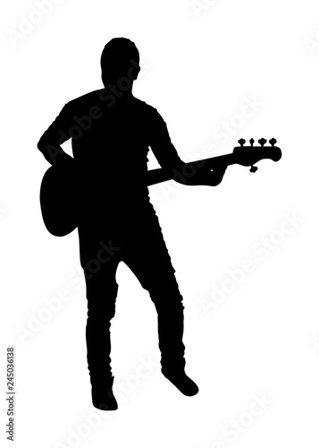 Guitarist vector silhouette illustration isolated on white background. Popular music super star on stage. Guitar music instrument. Rock and roll concert. Country club event. live public entertainment.