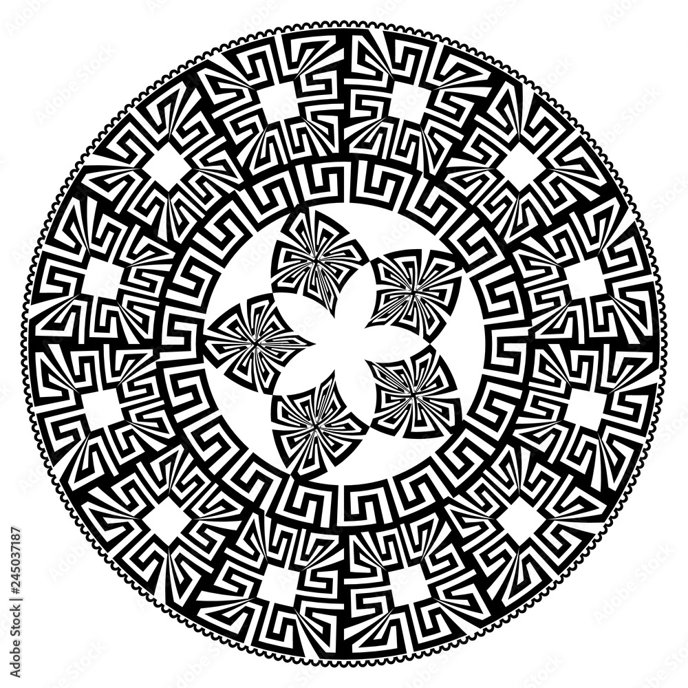 Vector round mandala vector pattern. Black greek key meanders geometric ornament on white background. Decorative floral mandala design. Geometrical shapes, lines, flowers, circles, borders, frames