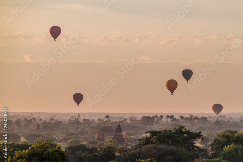 Balloons over Bagan and the skyline of its temples, Myanmar