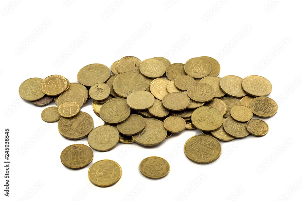 Ukrainian money and pennies on a white background Ukrainian money and pennies on a white background