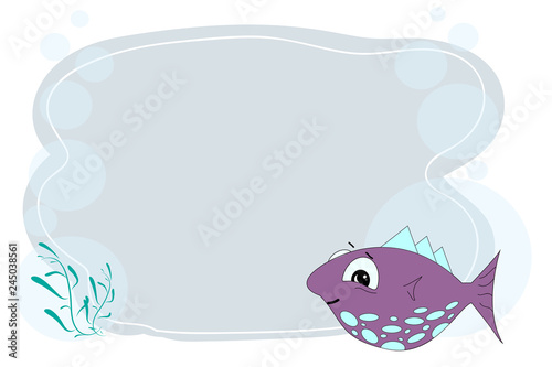 Frame for text with fish cartoon. Childrens frame for text. Vector baby frame for your text. School frame for text. quote template