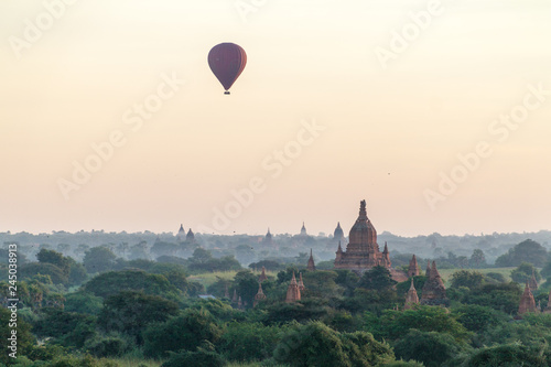 Balloon over Bagan and the skyline of its temples, Myanmar