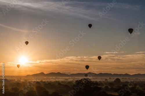 Balloons over Bagan and the skyline of its temples, Myanmar