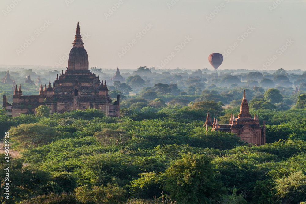 Balloon over Bagan - hot air balloons floating among the skyline of temples, Myanmar