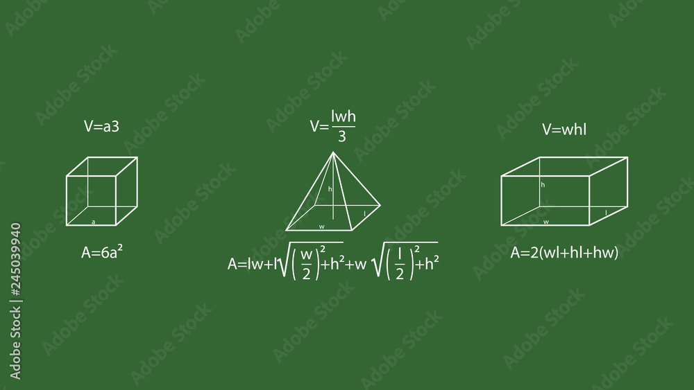 Fototapeta premium Pyramid, cube and rectangle prism vector. Geometry formulas vector illustration