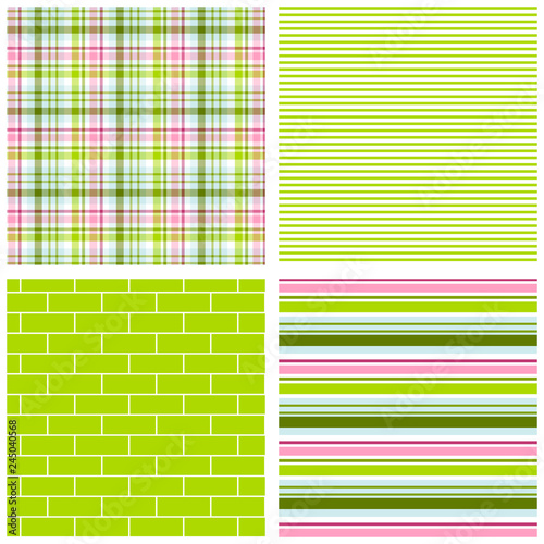 Spring seamless pattern set. Repeating patterns for gift wrap, fabric, scrapbooking and more. Green, pink, blue, plaid, stripe and tile print. Sweet, cute patterns.