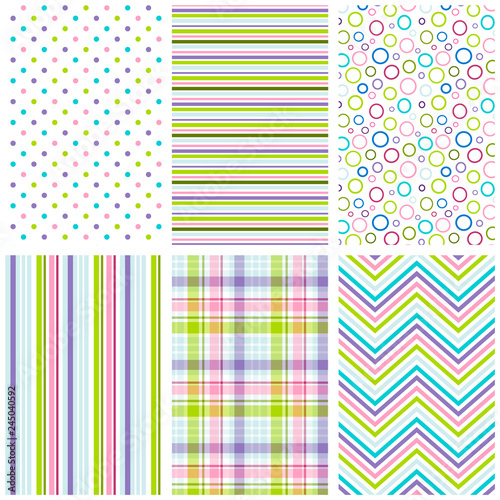 Multicolor seamless pattern set. Repeating patterns for fabric, gift wrap, baby shower paper, scrapbooking and more. Cute, sweet polka dot, stripe, plaid and chevron print.