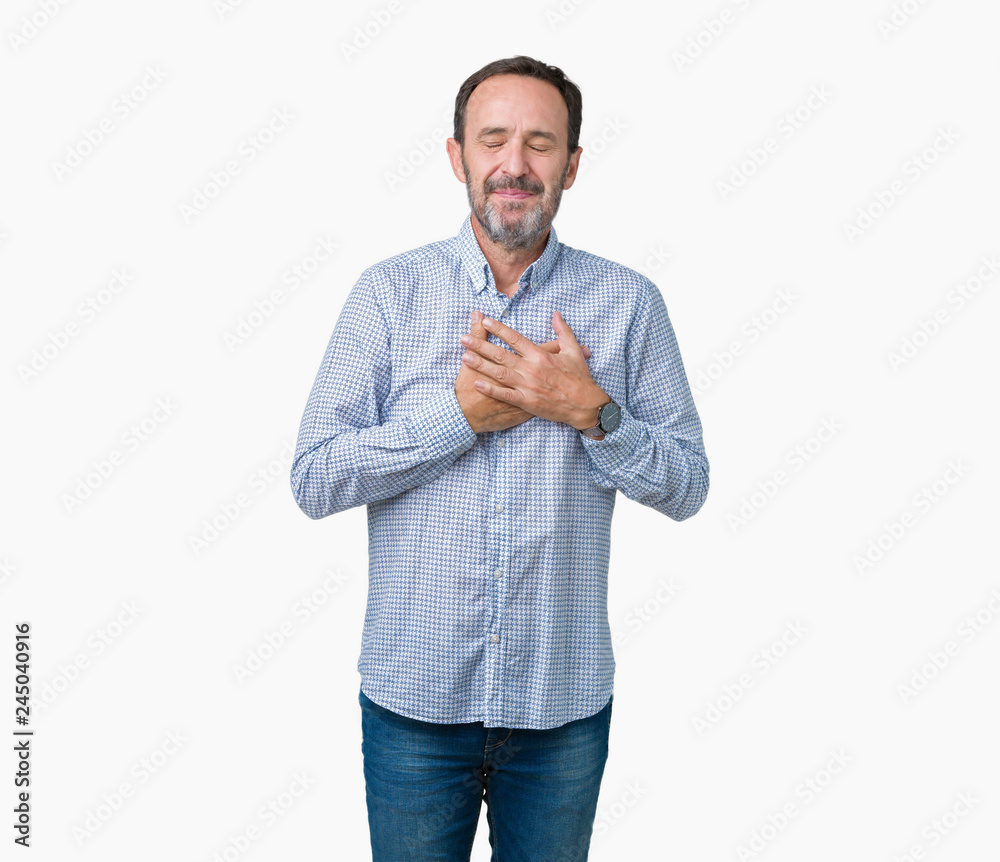 Handsome middle age elegant senior man over isolated background smiling with hands on chest with closed eyes and grateful gesture on face. Health concept. Handsome middle age elegant senior man over isolated background smiling with hands on chest with closed eyes and grateful gesture on face. Health concept.