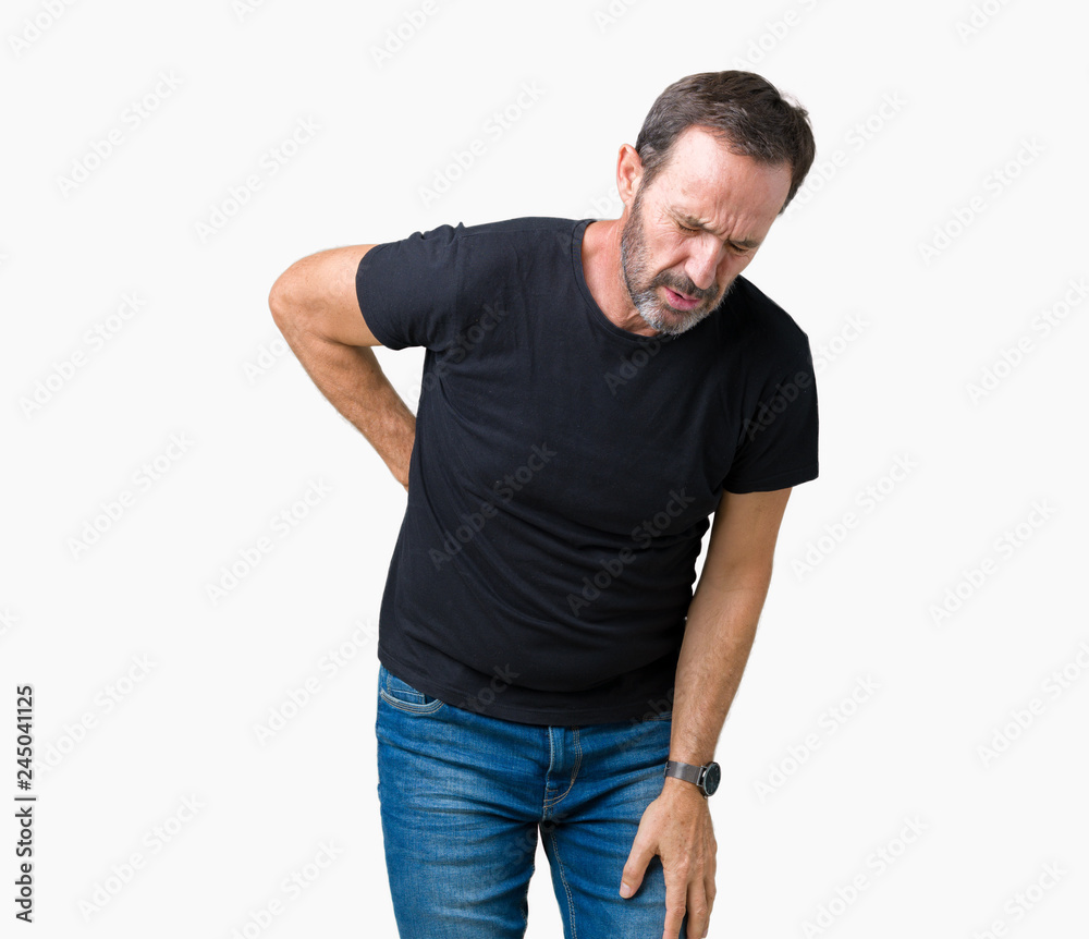 Handsome middle age hoary senior man over isolated background Suffering of backache, touching back with hand, muscular pain Handsome middle age hoary senior man over isolated background Suffering of backache, touching back with hand, muscular pain