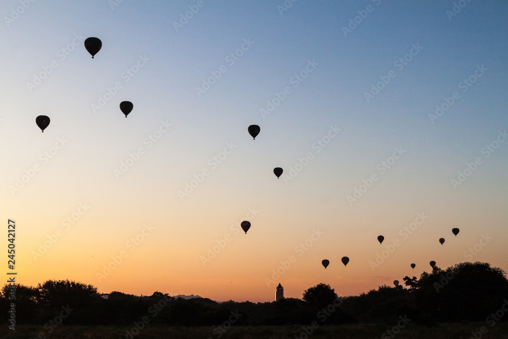 Silhouettes of hot air balloons in Bagan, Myanmar