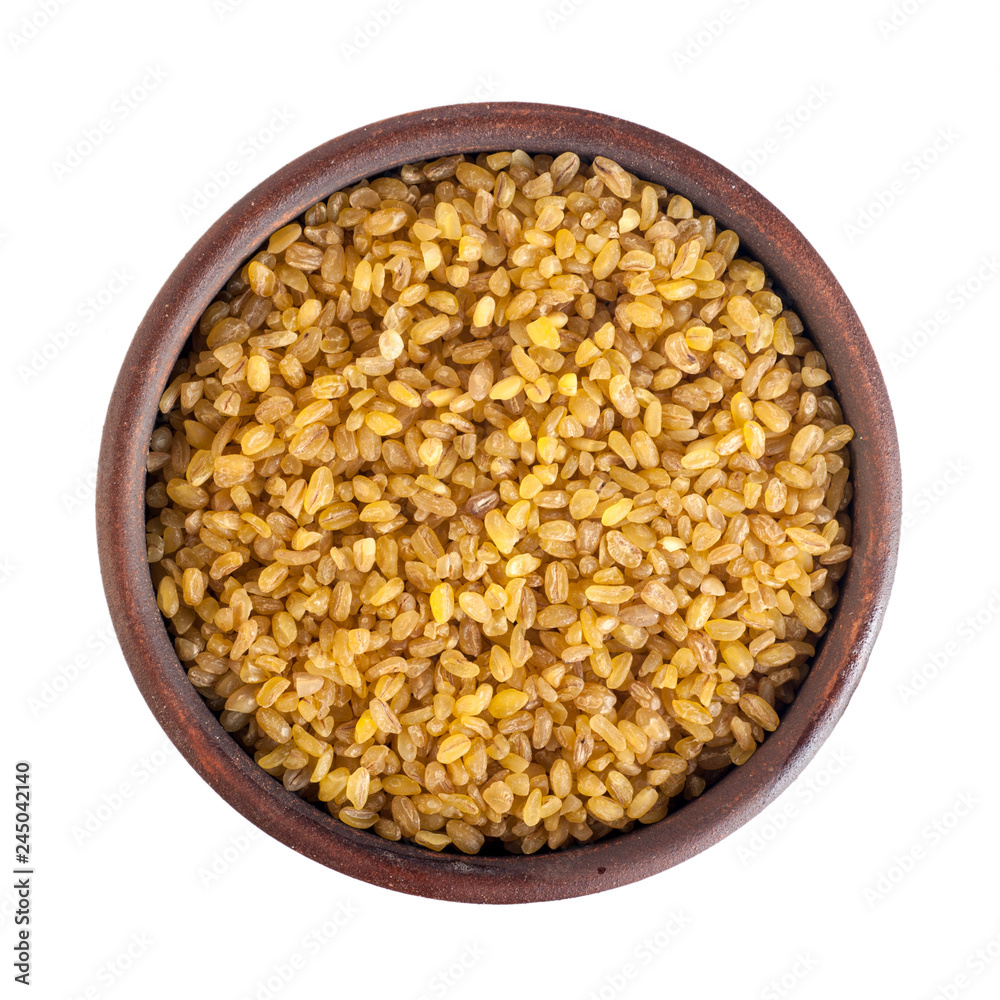 bulgur seeds, round ceramic cup, top view, isolated on white background