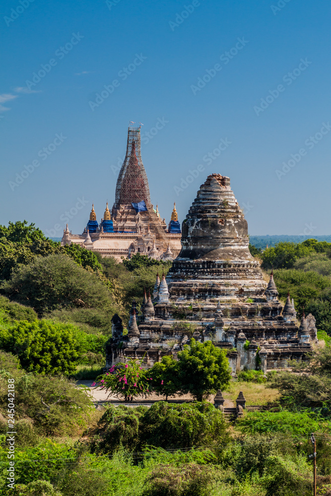 View of a stupa and Ananda temple from Thatbyinnyu temple, Bagan, Myanmar
