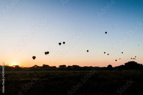 Silhouettes of hot air balloons in Bagan, Myanmar