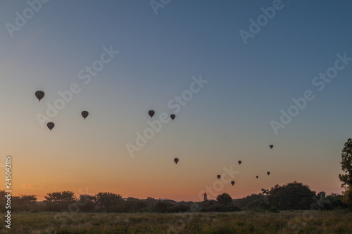 Silhouettes of hot air balloons in Bagan, Myanmar