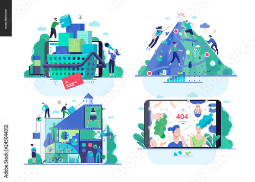 Business series set, color 2-modern flat vector concept illustrated topics - online shopping cart, career mountain, teamwork and collaboration, error 404. Creative landing web page design template