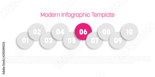 10 step process modern infographic diagram. Graph template of circles. Business concept of 10 steps or options. Modern design vector element in grey with pink highlighted step.