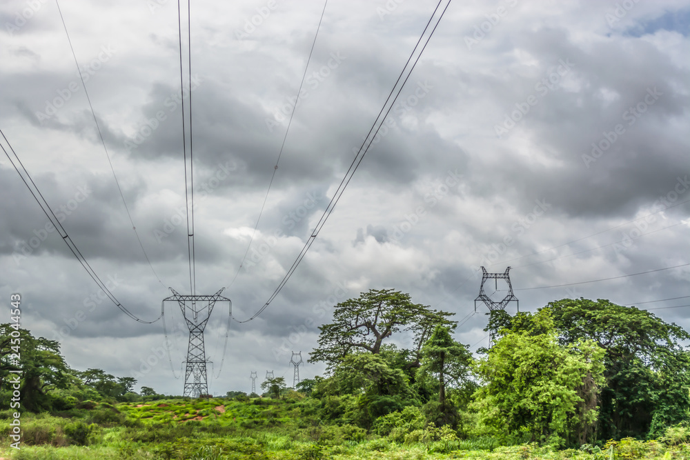 View with typical tropical landscape and electric tower and power lines, baobab and other trees and other types of vegetation, cloudy sky as background View with typical tropical landscape and electric tower and power lines, baobab and other trees and other types of vegetation, cloudy sky as background