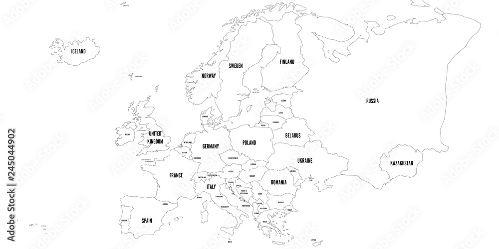 Vector outline map of Europe. Simplified vector map made of black state contours on white background with black Europe countries labels.