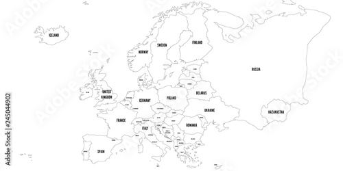 Vector outline map of Europe. Simplified vector map made of black state contours on white background with black Europe countries labels.