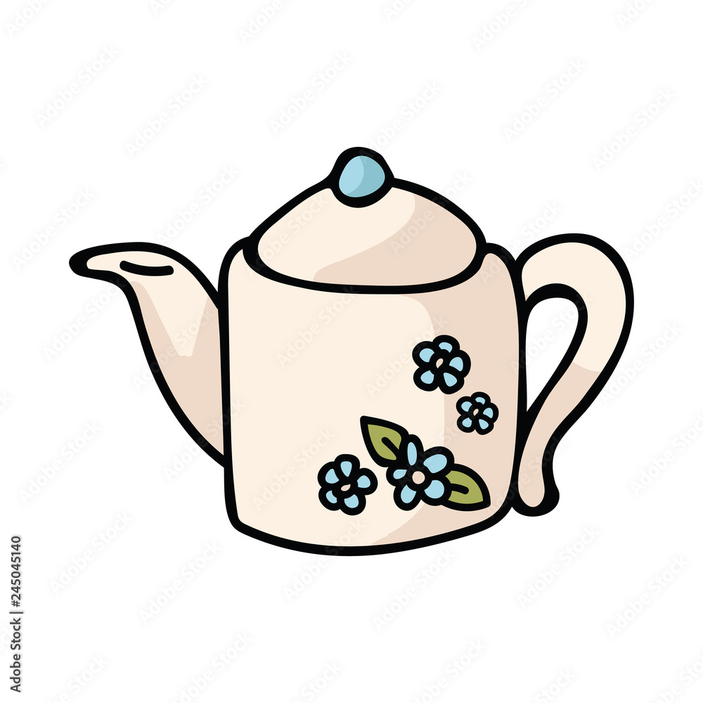 Cute country teapot cartoon vector illustration motif set. Hand drawn
