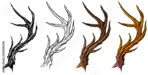 Cartoon graphic colorful detailed big deer horns or antlers. Hunting trophy. Isolated on white background. Vector icon set.