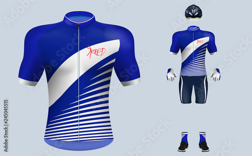 3D realistic of front of blue gradient cycling jersey t shirt with pants and helmet on shop backdrop. Concept for fashion of cyclist uniform or apparel mockup template in vector illustration