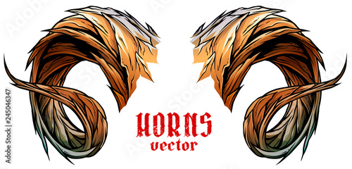 Cartoon colorful detailed big sharp ram or goat horns or antlers. Hunting trophy. Isolated on white background. Vector icon.