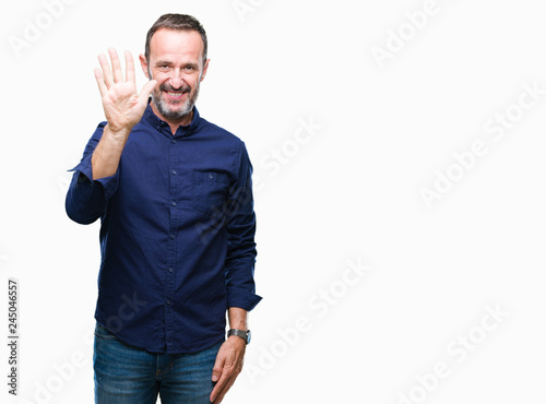 Middle age hoary senior man over isolated background showing and pointing up with fingers number five while smiling confident and happy.