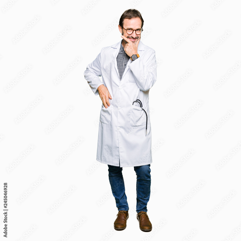 Middle age doctor men wearing medical coat looking confident at the camera with smile with crossed arms and hand raised on chin. Thinking positive. Middle age doctor men wearing medical coat looking confident at the camera with smile with crossed arms and hand raised on chin. Thinking positive.