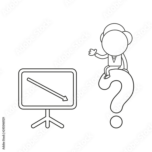 Vector businessman character with sales chart moving down and sitting on question mark. Black outline.