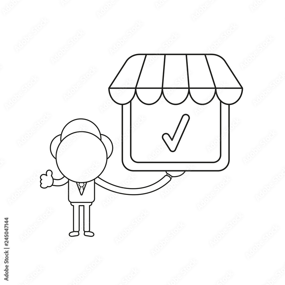 Vector businessman character holding shop store with check mark and gesturing thumbs up. Black outline. Vector businessman character holding shop store with check mark and gesturing thumbs up. Black outline.