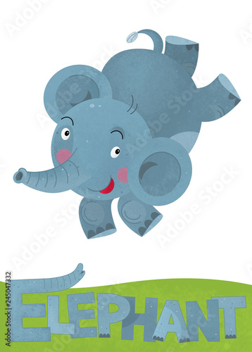 cartoon scene with elephant card on white background with name of animal - illustration for children