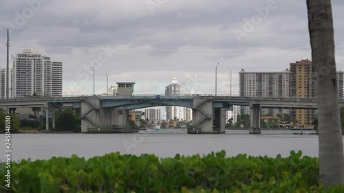 View of Sunny Isles Beach city Drawbridge and skyline on overcast day