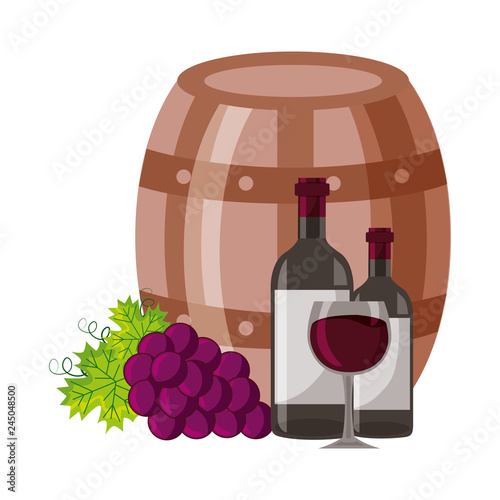 wine bottles cup barrel and fresh grapes