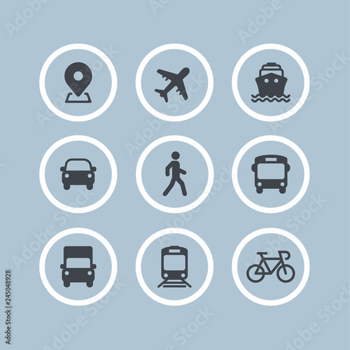 Transport icons. Airplane, Public bus, Train, Ship/Ferry, Car, walk man, bike, truck and auto signs. Shipping delivery symbol. Air mail delivery sign. Vector