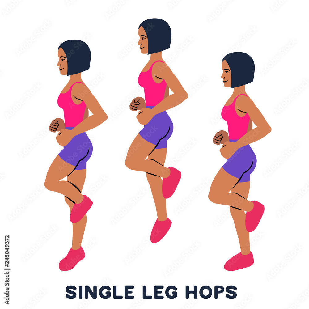 Single leg hops. Jumps. Sport exersice. Silhouettes of woman doing exercise. Workout, training. Single leg hops. Jumps. Sport exersice. Silhouettes of woman doing exercise. Workout, training.