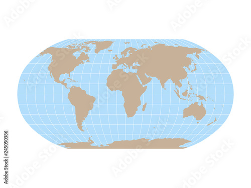 World Map in Robinson Projection with meridians and parallels grid. Brown land and blue sea. Vector illustration.