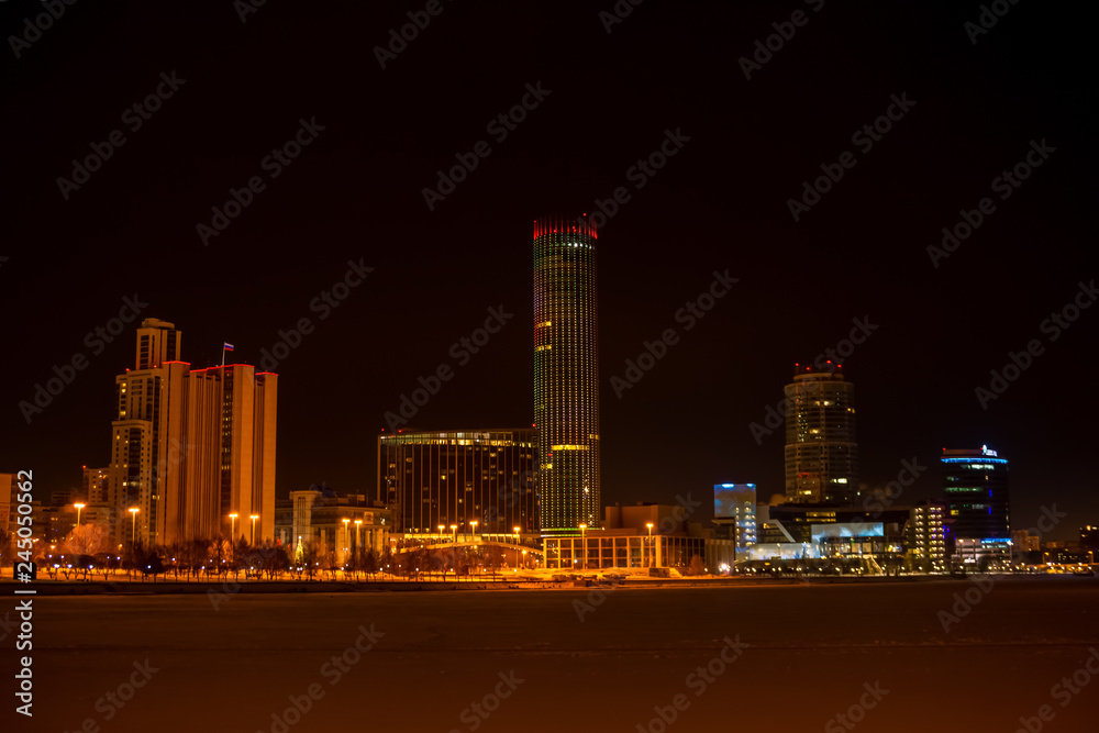 Obraz premium night winter view of Yekaterinburg with the Iset tower