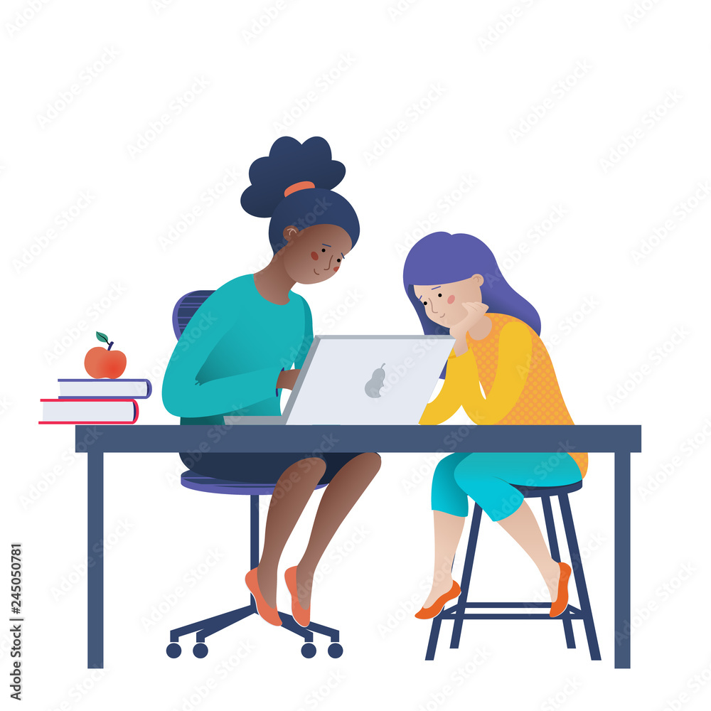 Fototapeta premium Two girls doing computer science homework
