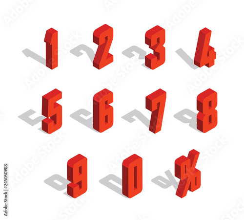 3D Red Metallic Isometric Letter. 0, 1, 2, 3, 4, 5, 6, 7, 8, 9 numeral alphabet. Vector Isolated Number.	