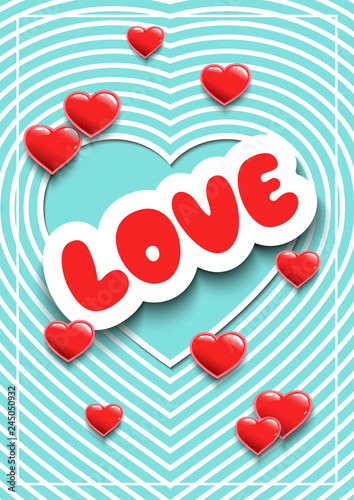 Poster for Valentine's Day or weddings with hearts.  Stickers  for a party. Greeting card. Paper cut background. Vector  template