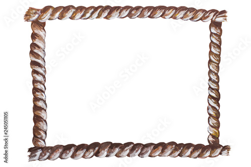 Hand drawn with acrylic paint rope rectangle frame isolated on white