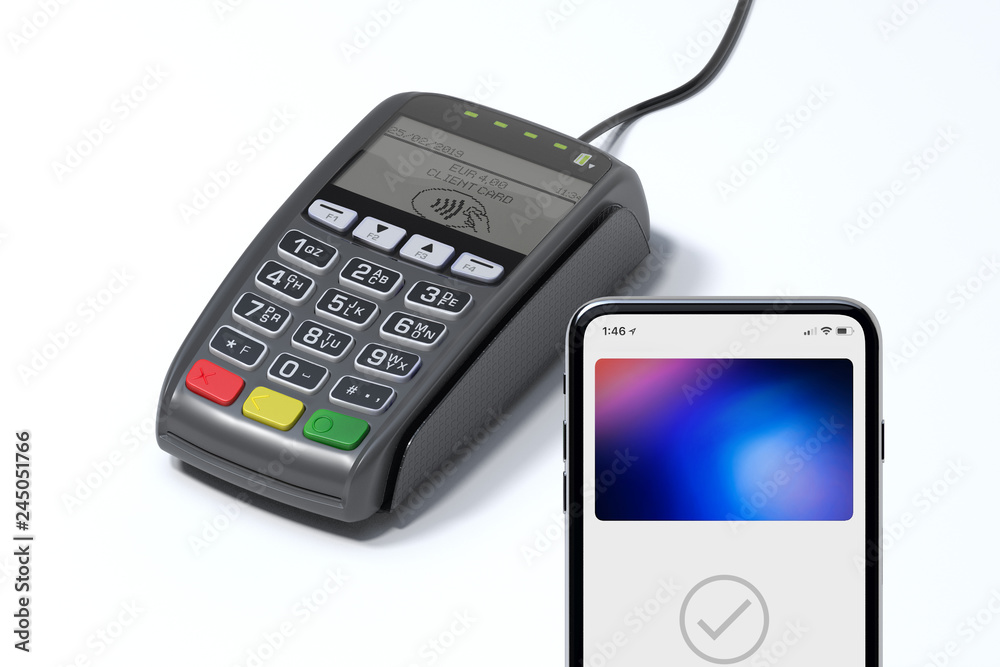 POS payment terminal and mobile phone. NFC payments concept. 3d rendering. POS payment terminal and mobile phone. NFC payments concept. 3d rendering.