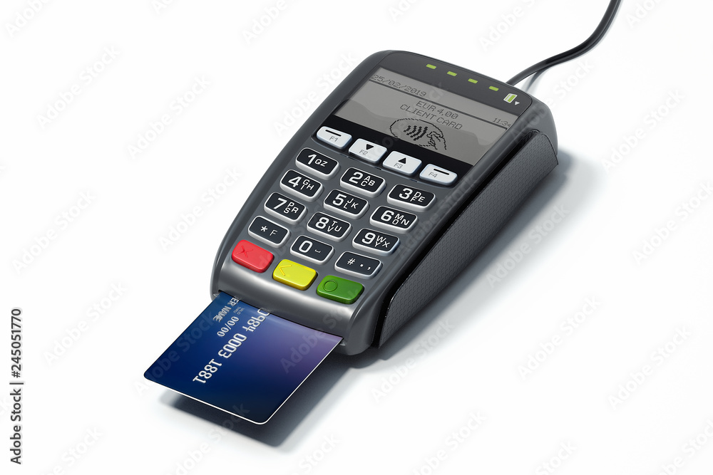 POS payment terminal and credit card. NFC payments concept. 3d rendering. POS payment terminal and credit card. NFC payments concept. 3d rendering.