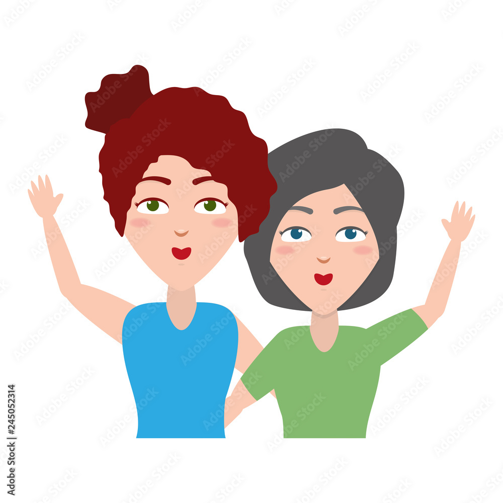 two women portrait waving hand two women portrait waving hand