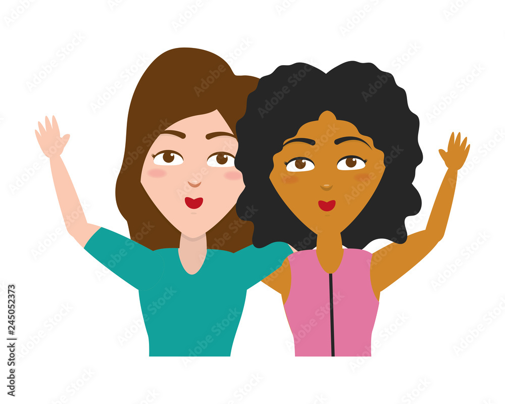 two women portrait waving hand two women portrait waving hand