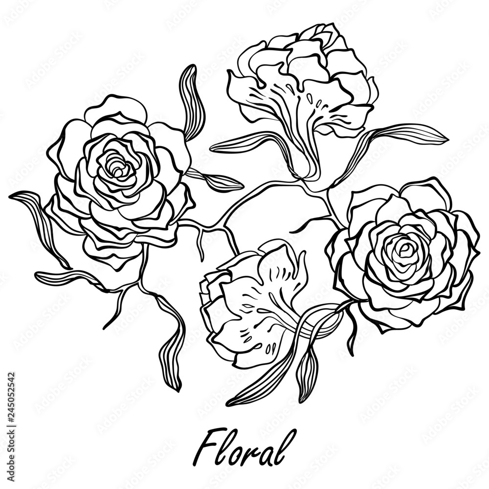 Hand drawn sketch of flowers on branch. Can be used to decorate invitations, postcards, wrapping paper, etc. Hand drawn sketch of flowers on branch. Can be used to decorate invitations, postcards, wrapping paper, etc.