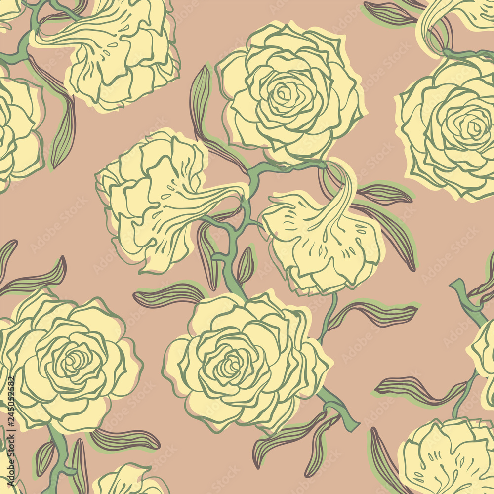 Flowers on a branch seamless pattern. On a pink background Flowers on a branch seamless pattern. On a pink background