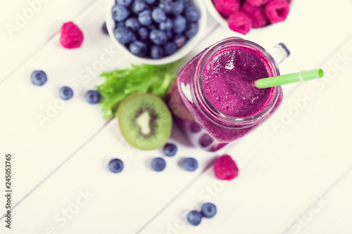 Blueberry and raspberry fresh smoothie, top view